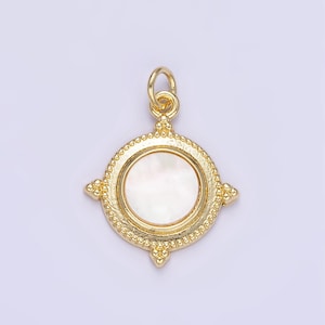 14k gold filled shell pearl dainty medallion bezel round charm | e366