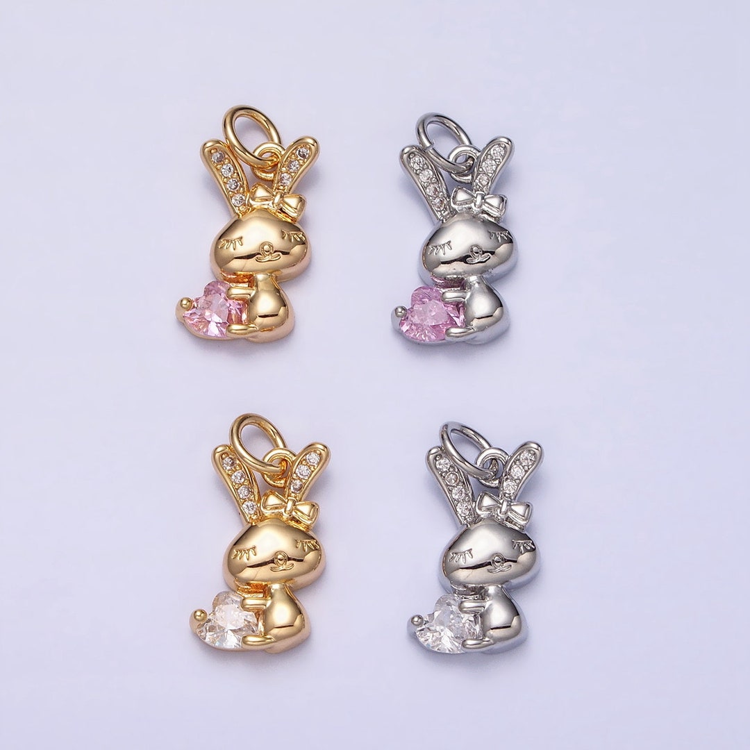 Mini Gold Rabbit Pendant Charm With Pink Clear CZ Stones for Bunny