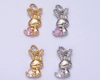 Mini Gold Rabbit Pendant Charm With Pink Clear CZ Stones For Bunny Easter Spring Inspired Kids Jewelry Handmade Necklace Bracelet AC1185