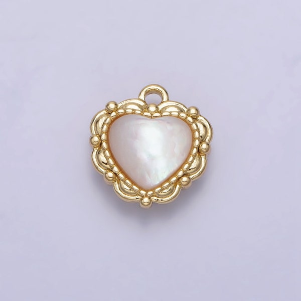 Mini Gold Heart White Shell Pearl Antique Artisan Charm Pendant Love charm for Handmade Jewelry Supply Necklace Bracelet AC1046