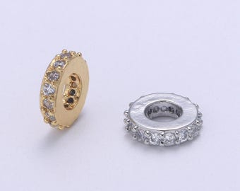 Ciondoli rotondi con micro pavé in oro 24 carati, perline distanziatrici a forma di ciambella per bracciali e collane, ideali per la creazione di gioielli fai da te (codice articolo B-00693).