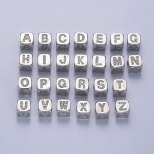 9x9mm Gold Initial Letter Beads, Alphabet Beads, Initial Beads, Alphabet Blocks Micro Pave Initial Block CharmforBracelet Necklace,BLOCK-004 Silver