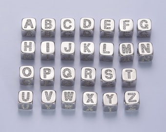 9x9mm Silver Initial Letter Beads, Alphabet Beads, Initial Beads, Alphabet Blocks Micro Pave Initial Block CharmforBracelet Necklace
