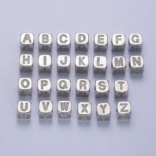Cuentas de plata de 9 x 9 mm con iniciales, cuentas del alfabeto, cuentas iniciales, bloques del alfabeto con micro pavé, dije de bloque inicial para pulsera o collar
