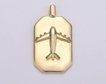14k gold airplane charm- rectangle medallion airplane pendant - dainty charm - for necklace bracelet earring component