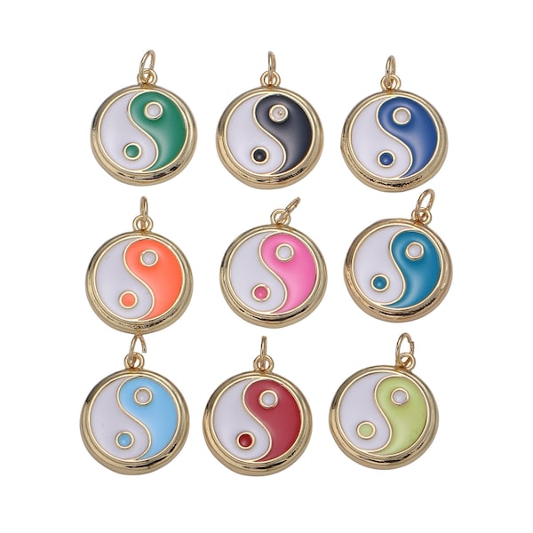 Dainty Colorful Enamel Gold yin yang charm, 14K Gold Coin Charm Yin & Yang Charms for Bracelet Necklace Earring Component Green Black Blue