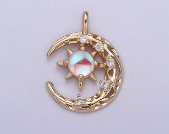 Mini pendentif croissant de lune en pierre de lune arc-en-ciel pavé en or 14 carats, pierre de naissance de juin n-704
