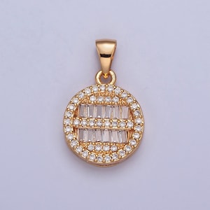 Colgante de oro de 18 quilates con circonitas cúbicas baguette micropavé, dije redondo llamativo para collar / X-375