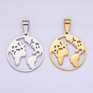 May include: Two metal pendants in the shape of the world. One pendant is silver and the other is gold.