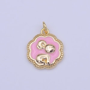 Gold bunny charm pink little rabbit pendant, 16k gold filled decorative edge cute bunny cloud bubble charm | c-595
