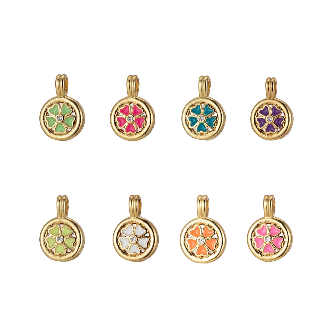 24K Gold Filled Clover Round Medalion Pendant Lucky Good Luck CZ Flower ...