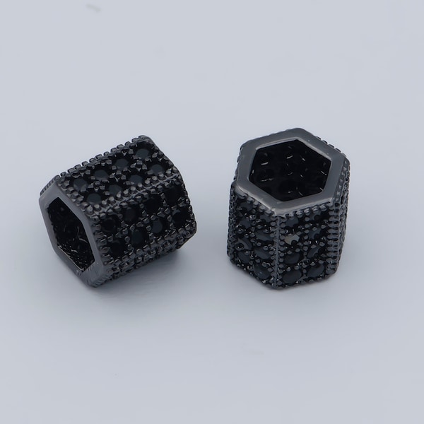 8MM Black CZ Pave On Black Large Hole Hexagon Tube Spacer Beads, Cubic Zirconia Tube Space Beads, Men's Jewelry Findings