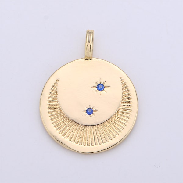 1pc. Gold Crescent Moon Round Disc Charm Necklace Pendant Dainty Gold Moon and Star Medallion Pendant - C-697