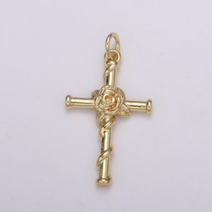 Rose of Sharon  Cross Pendant,crucifix cross charm Pendant Religious Necklace Pendant,Gold Religious Jewelry Making, E-206