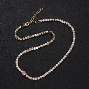 14k gold filled tennis choker necklace cz diamond tennis necklace with pink heart cubic zirconia stones wa1673