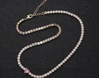 14k gold filled tennis choker necklace cz diamond tennis necklace with pink heart cubic zirconia stones wa1673