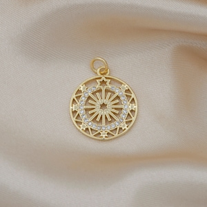 Mini coin charm gold micro pave star charm, clear cubic charms, cz medallion charm dainty small round charm -547