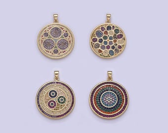 May include: Four gold-tone pendants with round, colorful, geometric designs. Each pendant is covered in tiny, colorful stones.