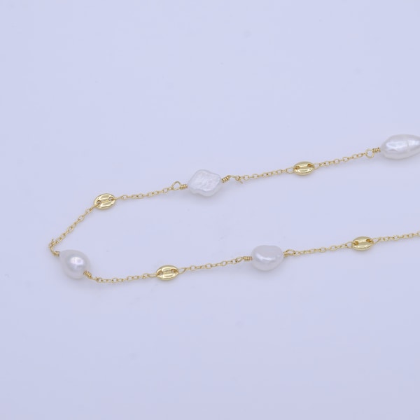 1 yard Pearl Gold Chain Round Cultured Pearl Chain Wholesale, Natural Freshwater Pearl Rosary Gold Chain, Beaded Roll Chain ROLL-1011