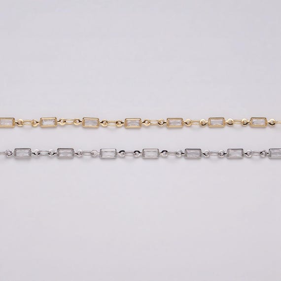 16K Gold Filled 2.5mm CZ Clear Baguette Cable Link Designed Unfinished Chain in Gold & Silver | ROLL-1340 ROLL-1375