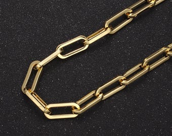 Chunky 24k gold filled elongated thick paper clip chain, rectangular 18.8mm x 7.9mm paperclip chain for jewelry making | roll-702