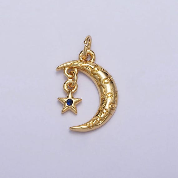 Mini Gold Crescent Moon Charm, Cubic Zirconia Star Pendant Charm
