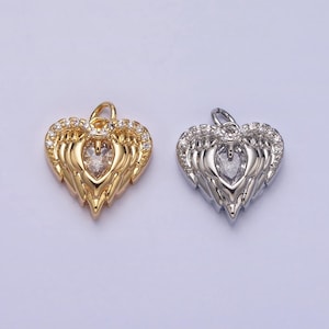 Mini gold angel wing charm with cz oval stone heart guardian angel pendant ac494 ac495