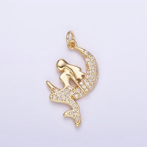 14k Gold Filled Micro Pave CZ Mermaid Pendant Charm, Micro Pave CZ Mermaid Heart Pendant Charm,  Pendant, For DIY Jewelry W624