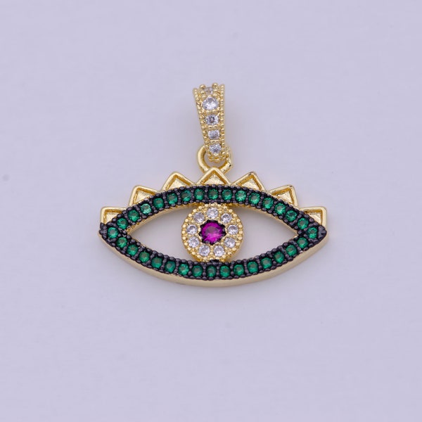 Green Micro Pave Evil Eye Charm Cubic Eye Of Ra Necklace Earring Charm in 24k Gold Filled for Necklace Bracelet Component Supply I-774