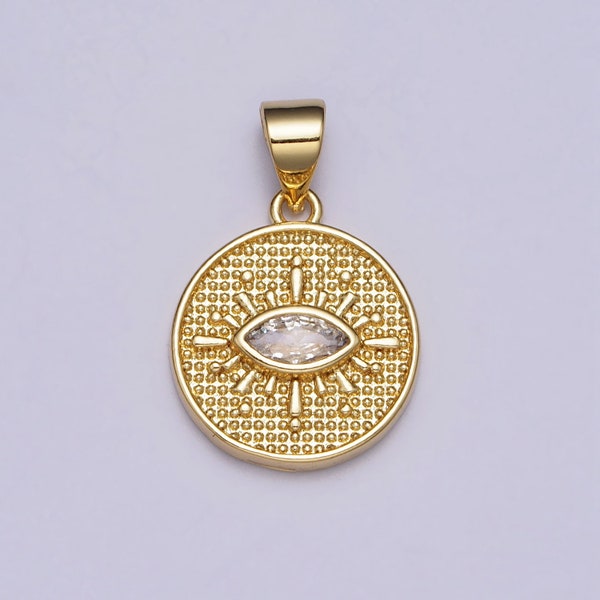 Gold Evil Eye, Micro Pave Evil Eye Charm, Clear Cubic Charms, CZ Gold Evil Eye Charm Medallion Pendant Jewelry Supply AA078