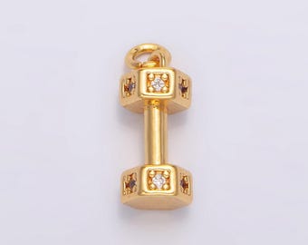 24k gold filled cz dumbbell charm gold pendant sports bracelet necklace gym weight lifting work out fitness charm new year resolution w097