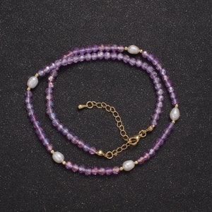 Pearl with Lavender Glass Beaded Necklace, Purple Faceted Rondelle Beads Necklace for Layer | WA-585
