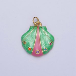 Dainty Mermaid Green Pink CZ Sea Shell Pendant, 24K Gold Plated Micro Pave Colored CZ Stones Seashell Charm | AG123