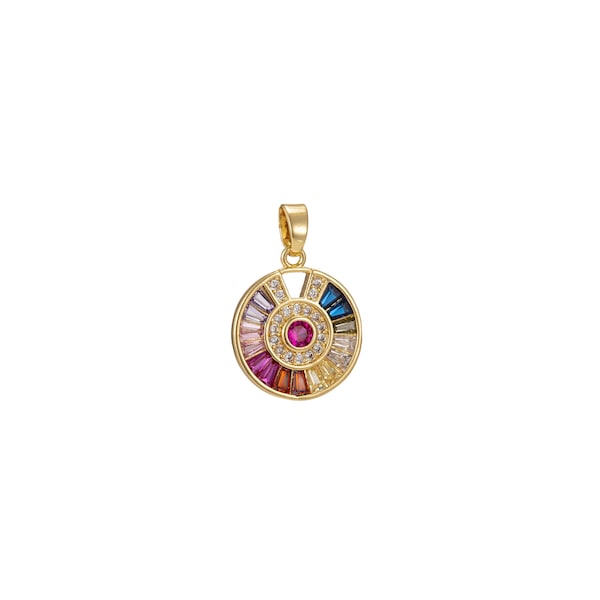 Rainbow Round Charm CZ Micro Pave, Disc Charm, Multi Color Pave Charm , Dainty Charms, Cubic Bracelet Earring Necklace Charm 21x14mm I-335