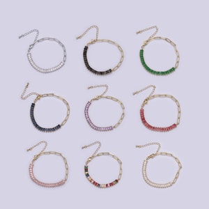 Gold half tennis half paper clip bracelet cz tennis stacking gold filled adjustable bracelet in blue green purple pink rainbow clear stone