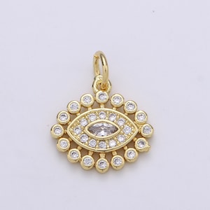 14K ClusterCubicEvil Eye Gold  Pendant, Micro Pave Evil Eye Charm, Clear Cubic Charms, CZGold Evil Eye Charm, Sun Burst Jewelry Supply D-223