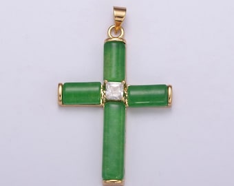 Simple Green Jade Cross Pendant for Necklace 24K Gold Filled Cross O-266