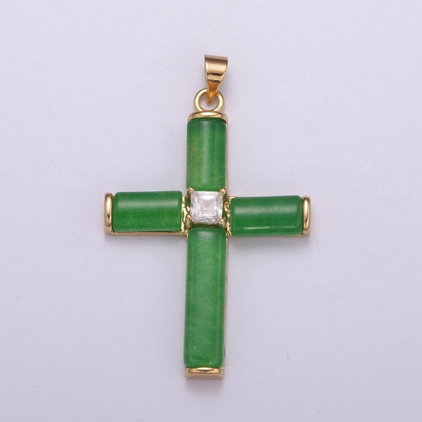 Simple Green Jade Cross Pendant for Necklace 24K Gold Filled Cross O-266