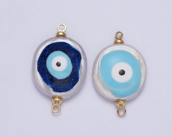 Blue Evil Eye Natural Freshwater Pearl Gold Bezel Connector, Evil Eye Baroque-Shaped Gold Filled Double Bail Link Connector | G-542, G-543