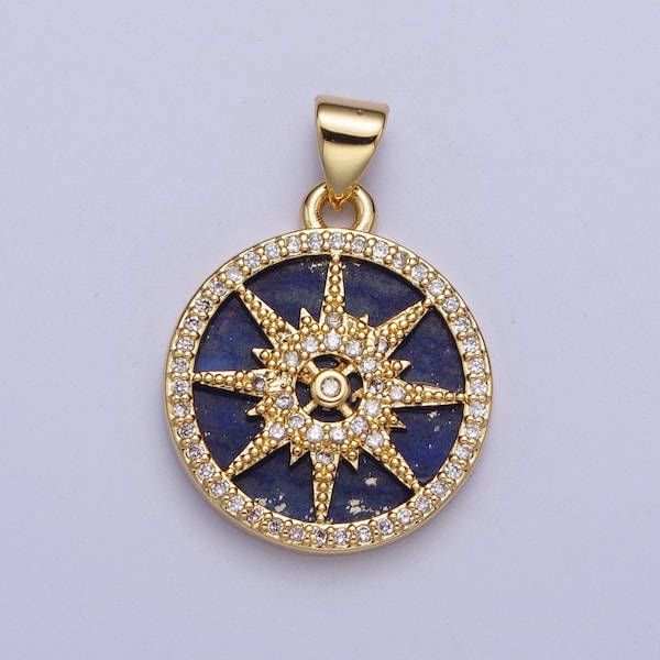 Gold Blue Lapiz North Star Compass Coin Medallion Pendant, 24K Gold Filled Round Micro Pave CZ Nautical Navigation Charm For Jewelry | X-429