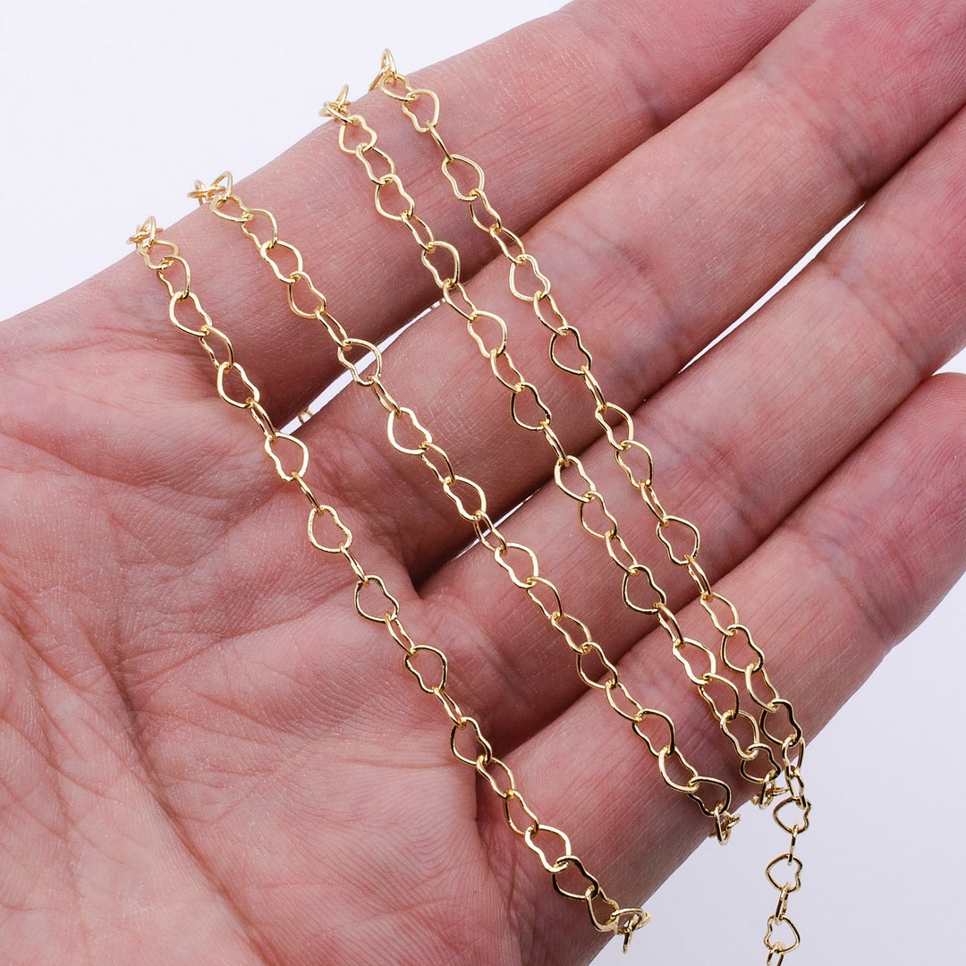 Gold Heart Link Gold Chain by Yard, Lovely Heart Charm Chain, Wholesale