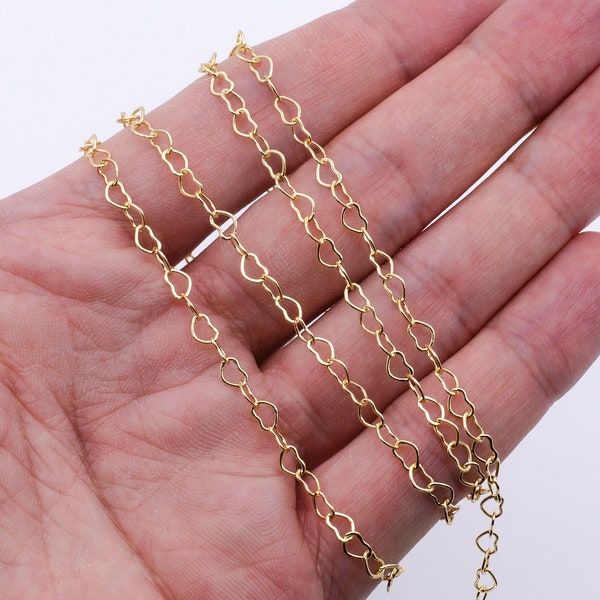 Gold Heart Link Gold Chain by Yard, Lovely Heart Charm Chain, Wholesale bulk Roll Chain for Jewelry Making Width 3.4mm Roll-1076