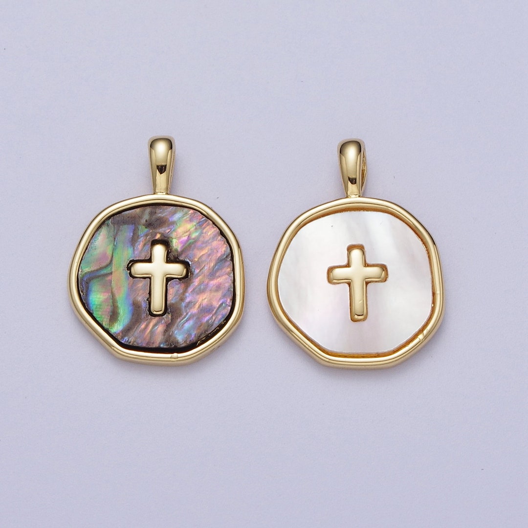 14K Gold Filled Cross Shell Pearl, Abalone Round Charm Pendant for ...