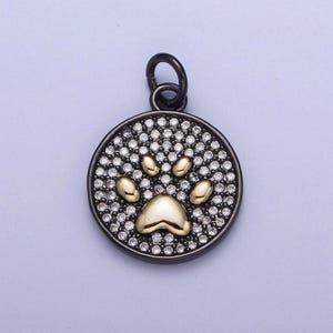 Black cz gold pet paw coin medallion pendant, gunmetal micro paved clear cz w. gold dog cat paw round charm | x-728