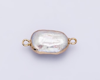 1x freshwater pearl connectors, gold rectangle two loop Mauve Pink charms small natural shell gold edge links p1945