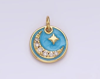 14K Gold Filled Celestial North Star Crescent Moon Micro Paved CZ Blue Sparkly Round Charm | AC784