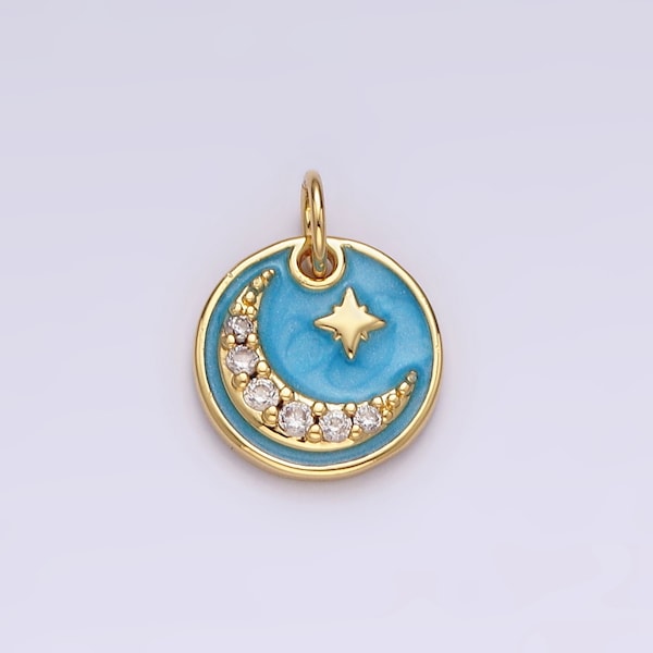 14K Gold Filled Celestial North Star Crescent Moon Micro Paved CZ Blue Sparkly Round Charm | AC784