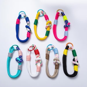 以下が含まれることがあります： カラフルなロープキーホルダー7個セット。各キーホルダーは、青、黄、ピンク、黒など、さまざまな色のロープのループが特徴で、装飾的な結び目と金属リングが付いています。キーホルダーはモダンな美学でデザインされています。