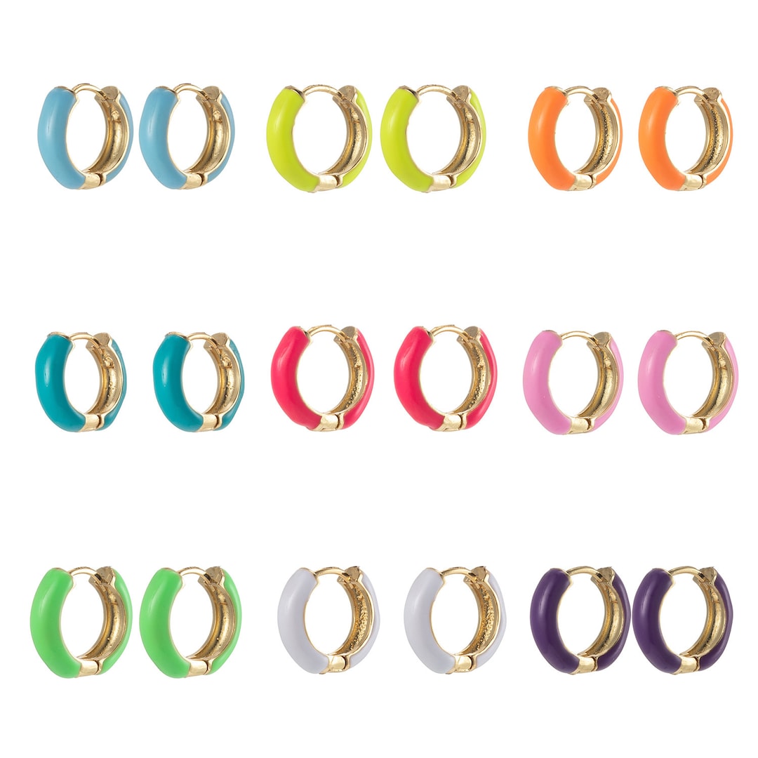 14mm Huggie Colorful Neon Enamel Gold Hoop Earring, Pink,green,orange ...