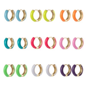 14mm Huggie Colorful Neon Enamel Gold Hoop Earring, Pink,Green,Orange,Black,White,Turquoise Huggie Earring Multi Color Small Huggie P141~149